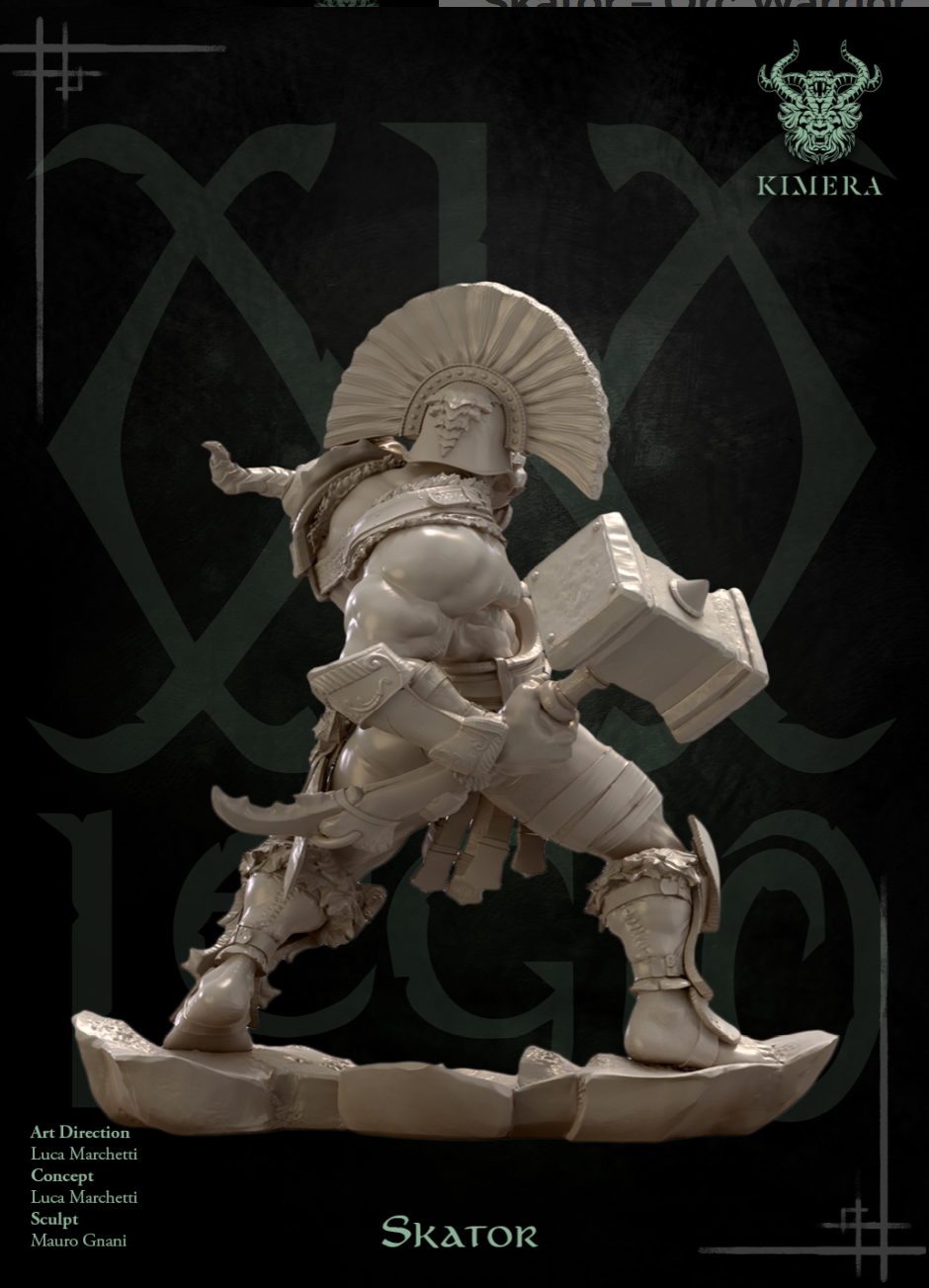 Rear view of Skator model with hammer and helmet