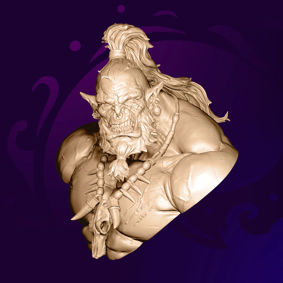 Orc 67mm resin bust by Ivan Mata – tusked orc with topknot and bone necklace, unpainted sculpt