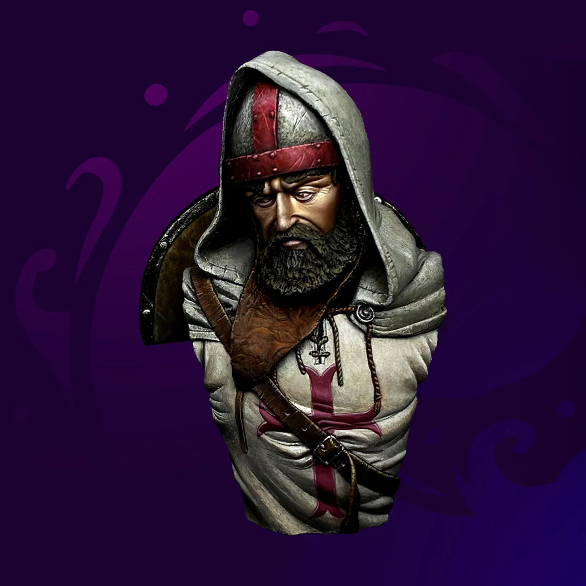 Knight 1:12 resin bust by Braňo Lukačovič – painted hooded crusader with red-cross surcoat