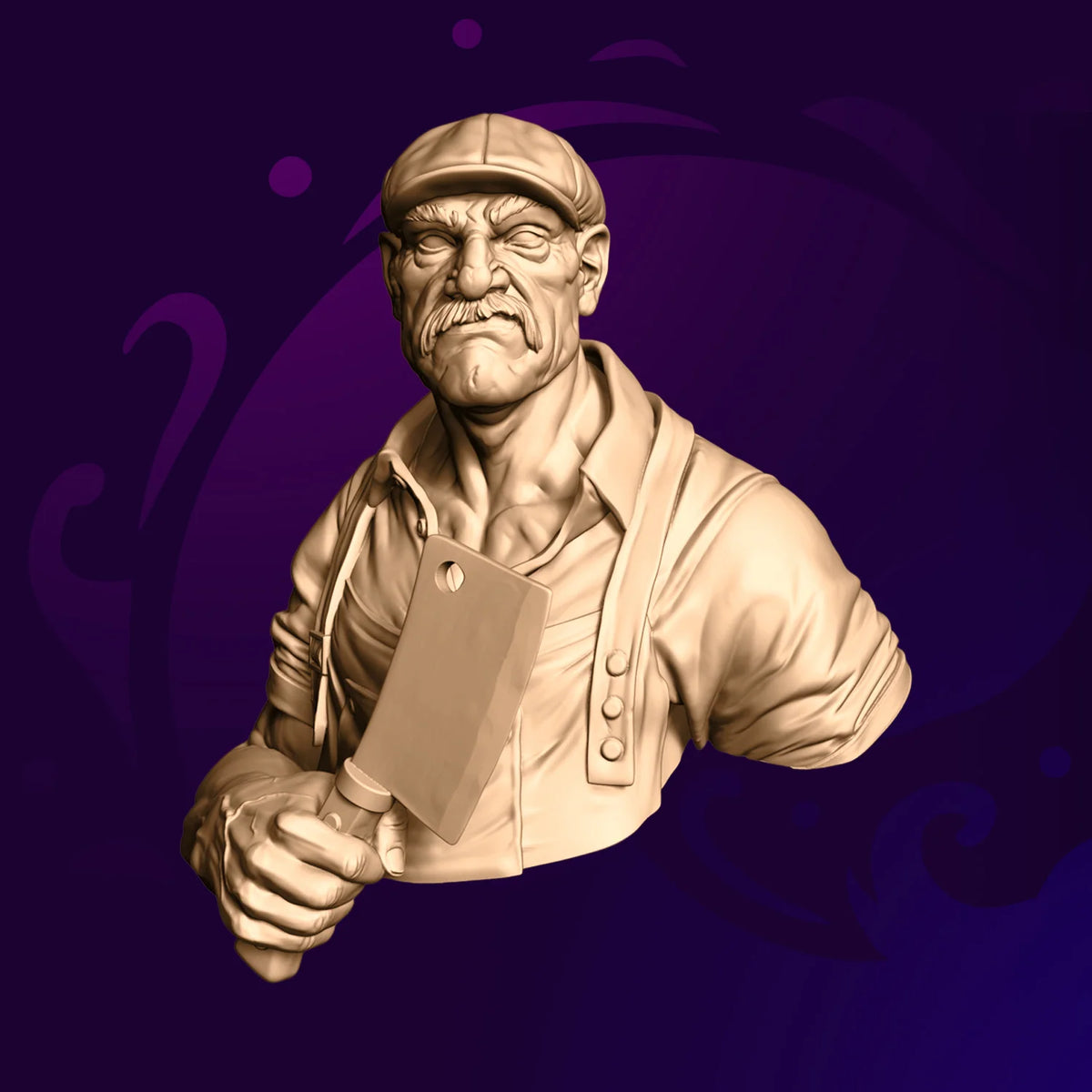 Solingen the Butcher 60mm resin bust by Javier Lopez – butcher in flat cap holding a cleaver, unpainted sculpt