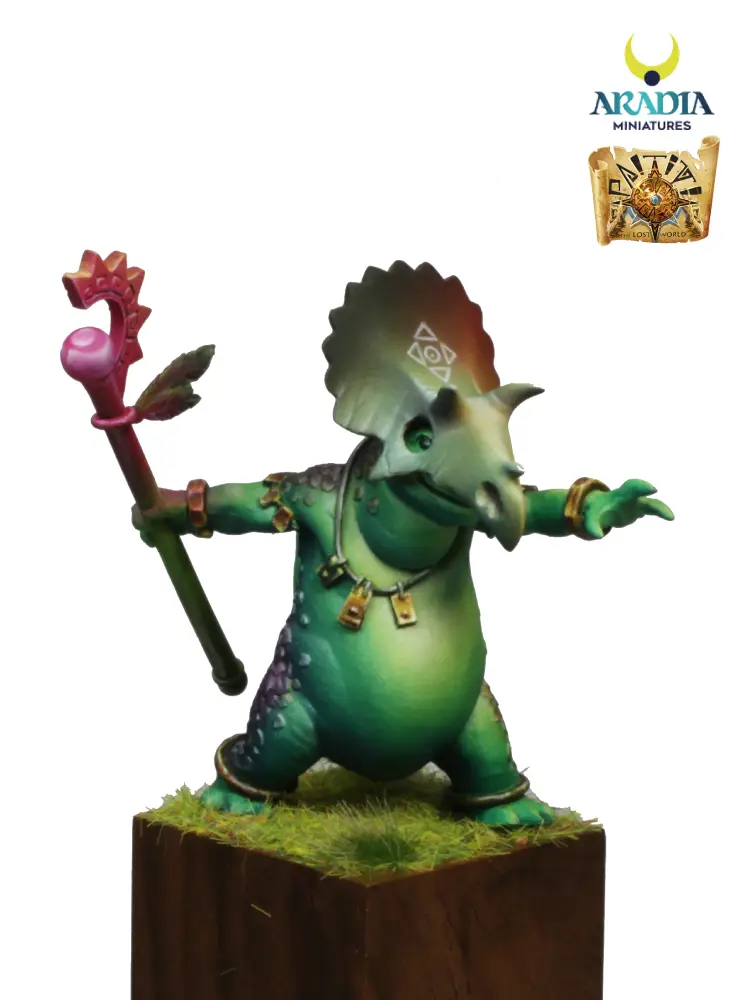 Bufosaur 32mm Aradia miniature – green toony lizardman with staff on a grass base