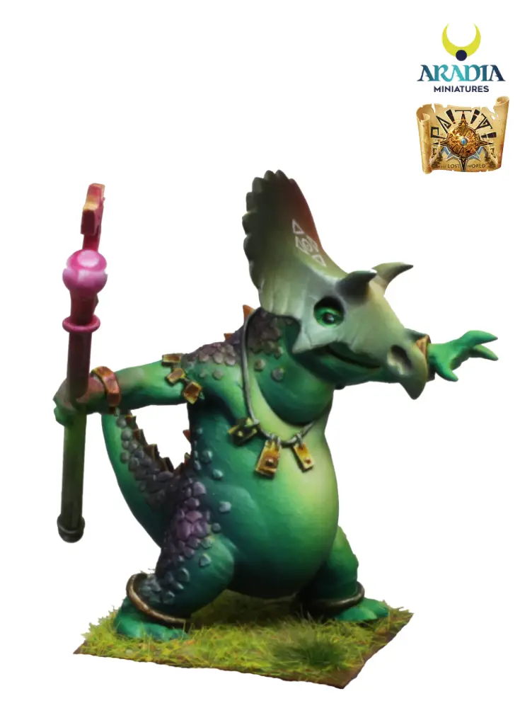Bufosaur miniature – three-quarter view of the green paint scheme and frill