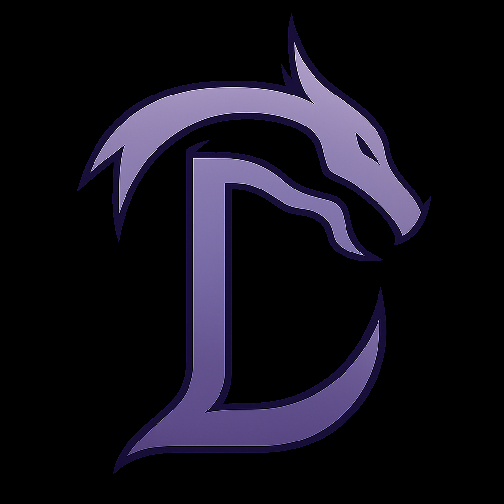Dracoya logo in the form of a dragon with purple gradient.