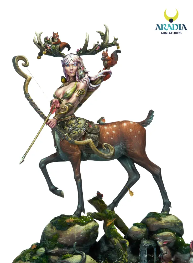 Diana Guardian of the Forest 75mm Aradia miniature – painted half-woman half-deer huntress with bow