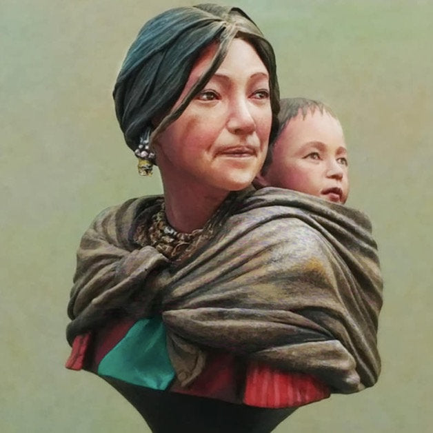 Motherhood mom and son in traditional Tibetan clothes resin model