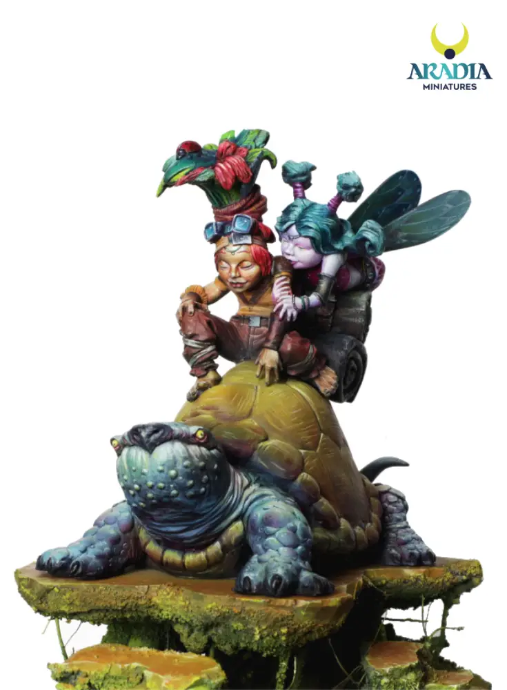 Sina and the Knight 75mm Aradia miniature – fairy and tiny knight riding a giant tortoise, front view
