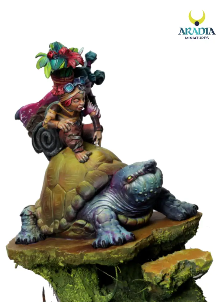 Sina and the Knight miniature – side view of the tortoise shell and riders