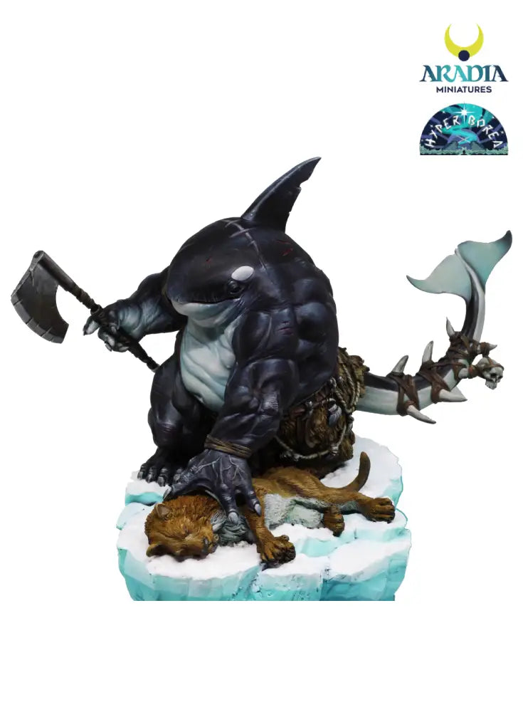 Tulkha the Killer Whale 90mm Aradia miniature – painted orca warrior with axe on an ice base