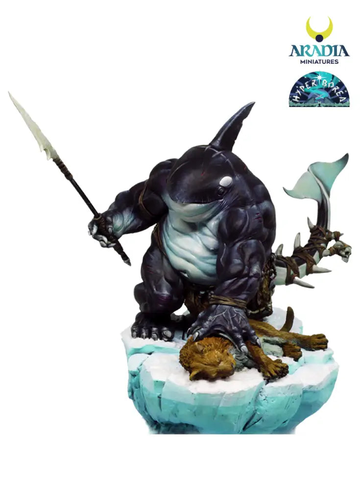 Tulkha the Killer Whale – front view of the painted orca warrior with spear
