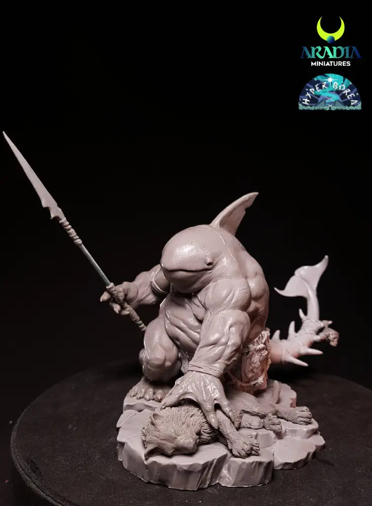 Tulkha the Killer Whale unpainted resin – front view with spear and axe