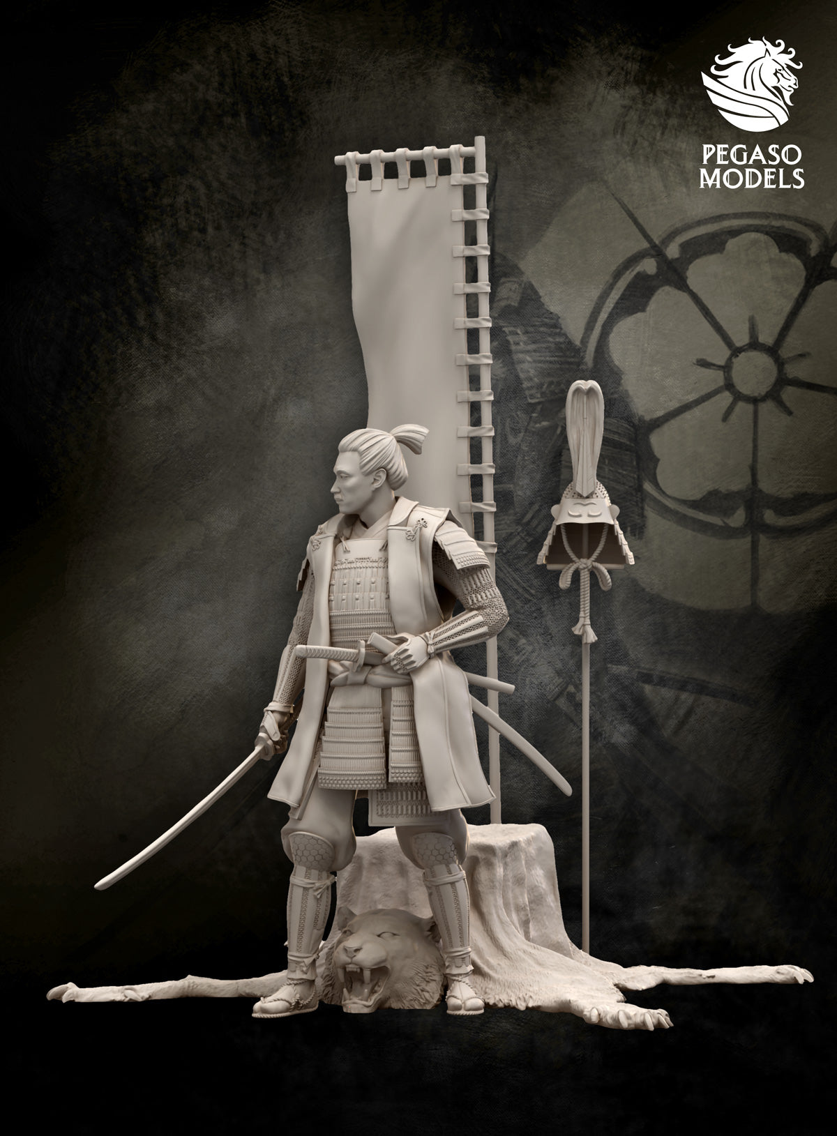 Oda Nobunaga Pegaso 90mm unpainted resin, front with banner