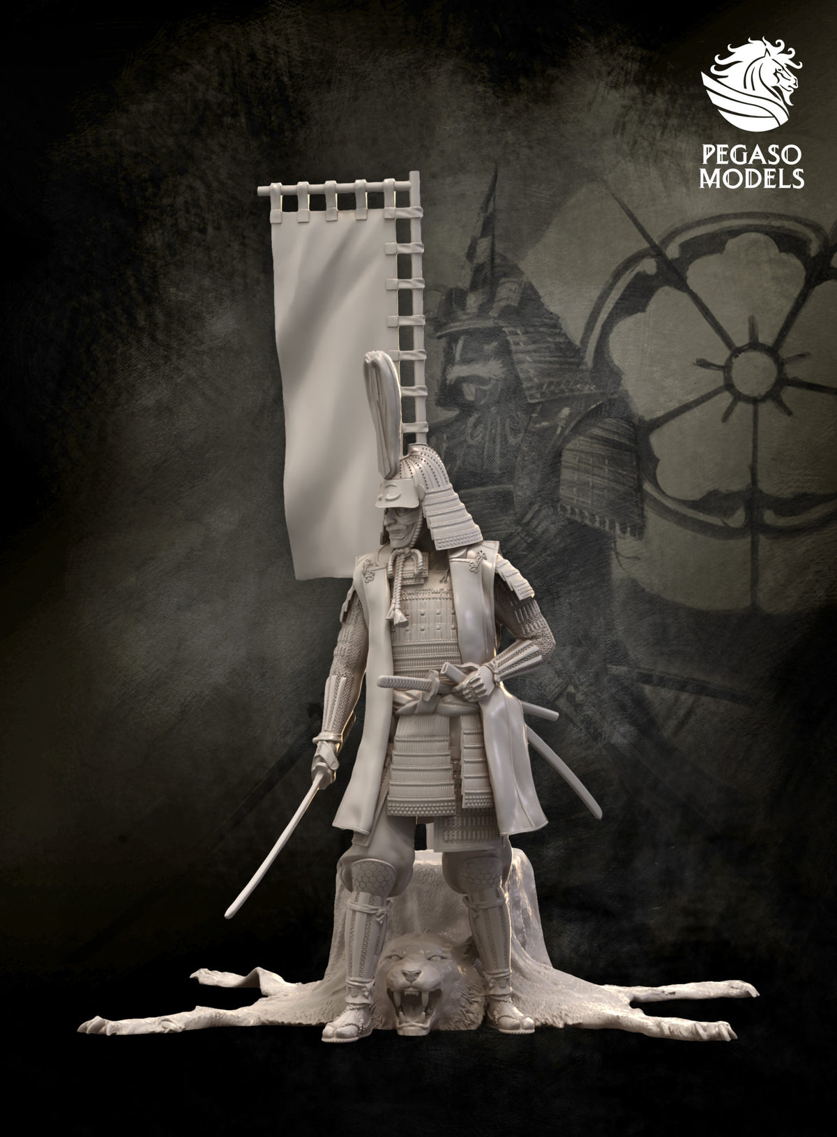 Oda Nobunaga Pegaso 90mm unpainted resin, three-quarter